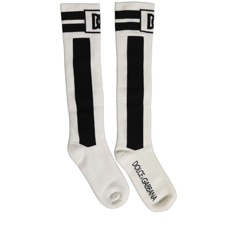 Dolce & Gabbana White Black Cotton Stretch Knee High Women's Socks